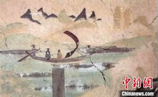 “一人搖櫓晃扁舟，兩人撐篙水上漂?！眻D為莫高窟第323窟《搖櫓帆船》（初唐）?！《鼗脱芯吭汗﹫D