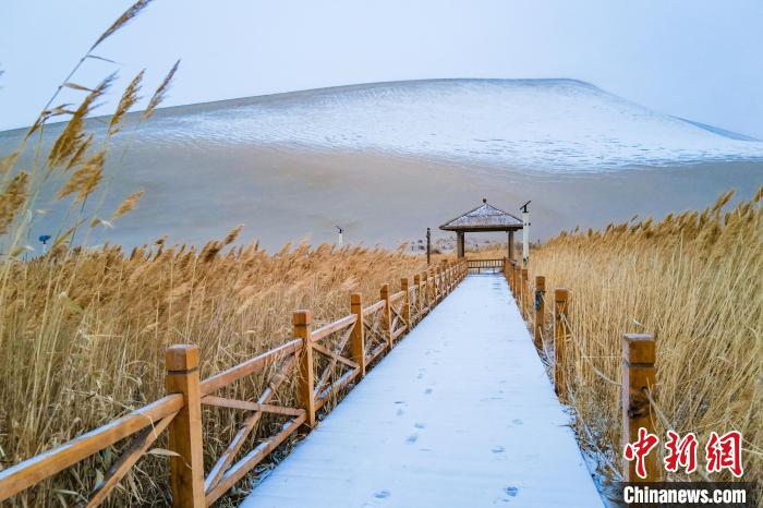 2021年11月28日，在敦煌鳴沙山月牙泉景區(qū)，沙雪交融，更顯北國風情?！⊥醣筱y 攝