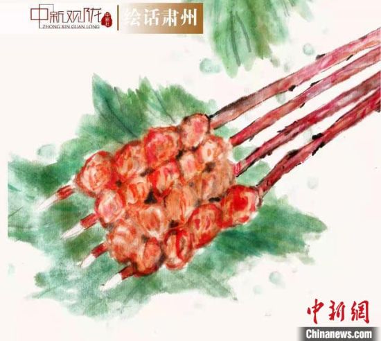圖為酒泉美食“紅柳烤肉”繪畫作品?！《排d彥 攝