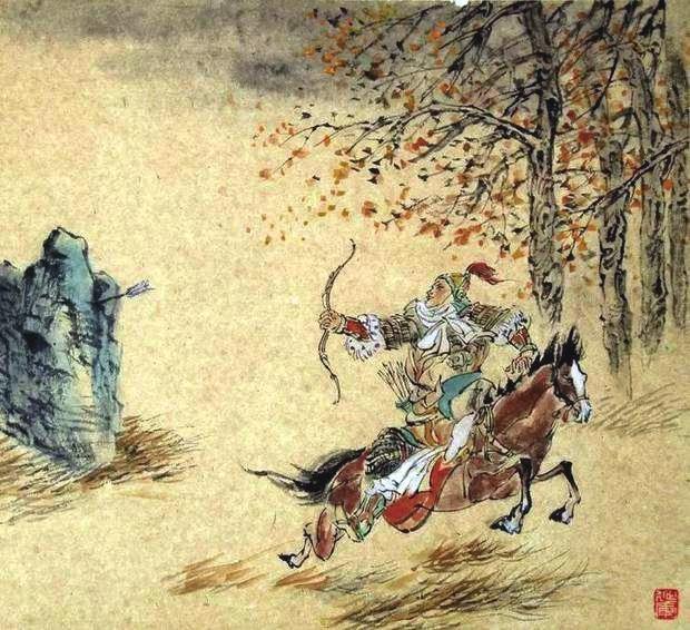 “林暗草驚風(fēng)，將軍夜引弓。”畫作